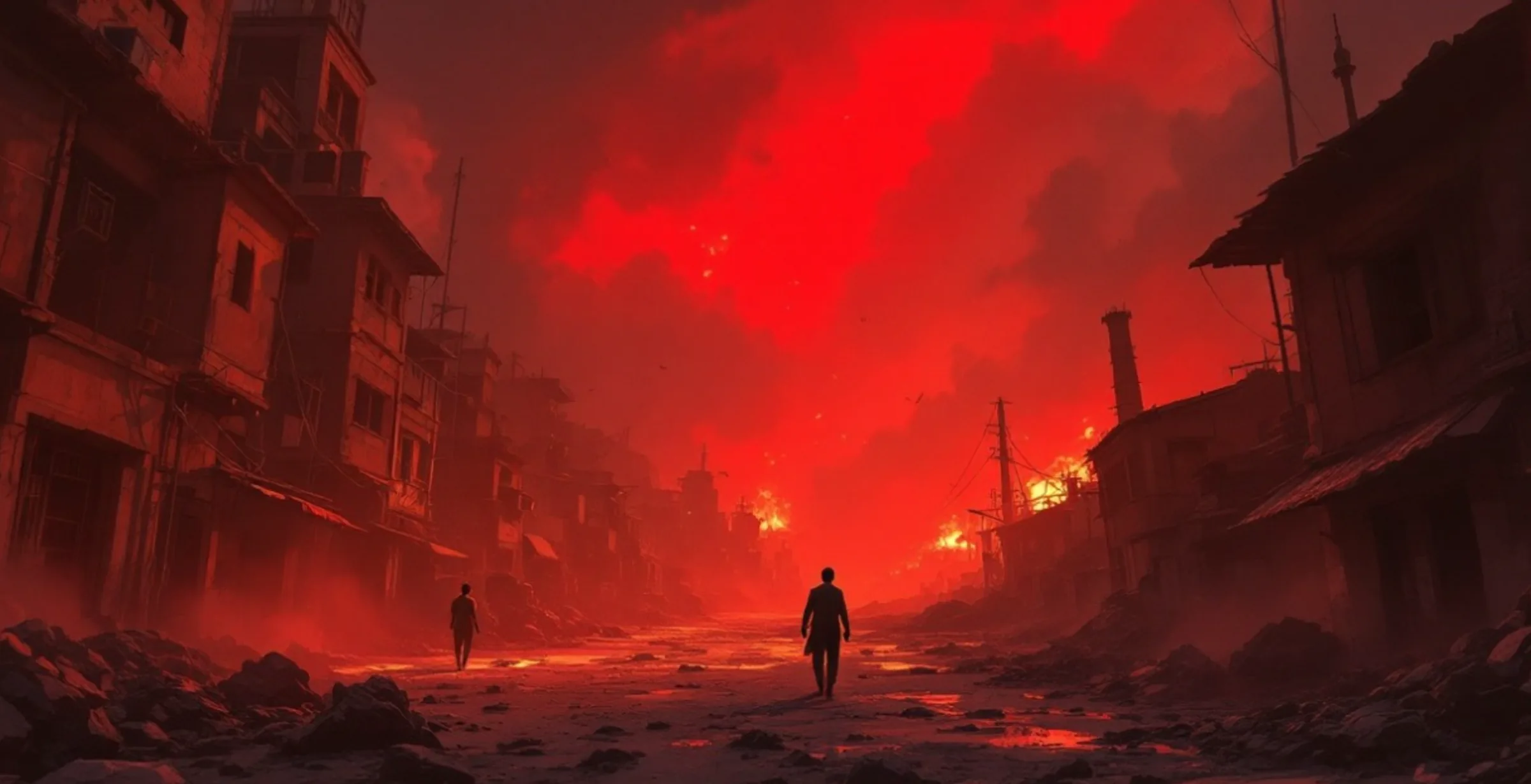 Storyboard frame: two figures walk a ruined street under a burning red sky.
