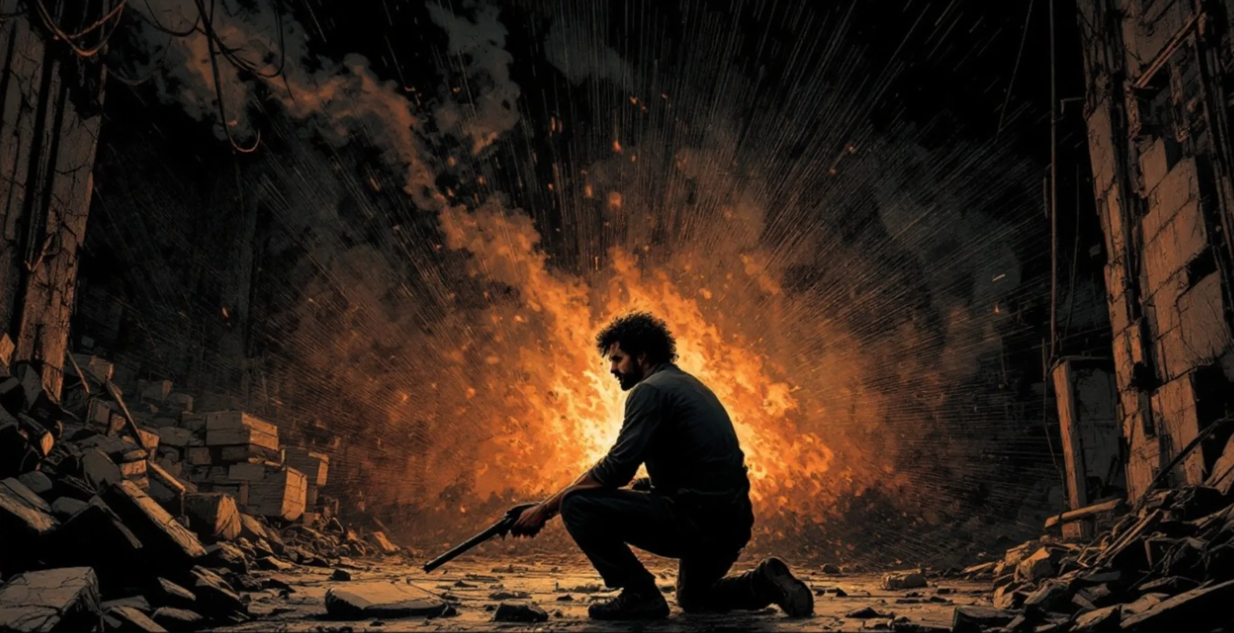 Storyboard frame: a man kneels in rubble, silhouetted against an explosion.